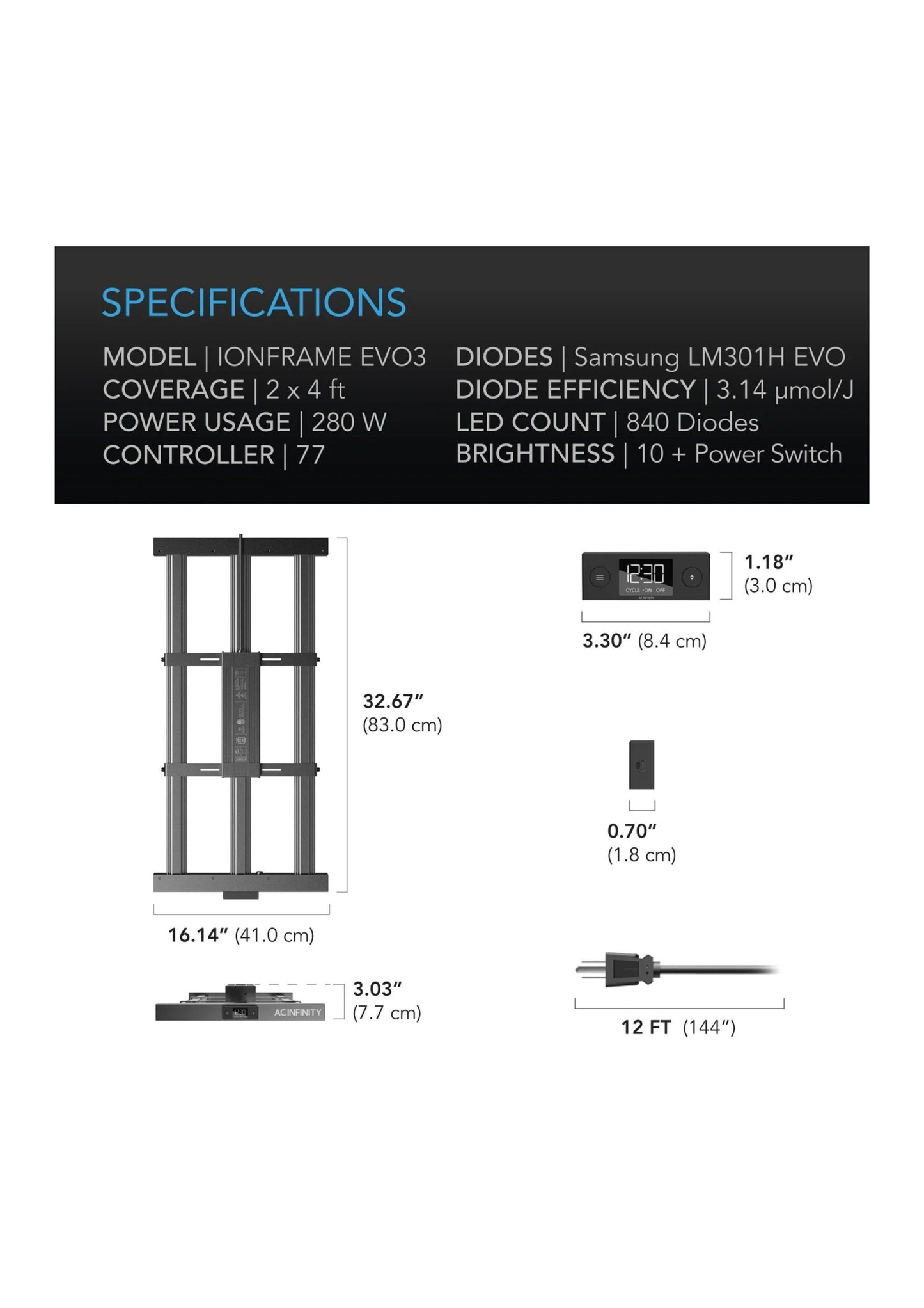 IONFRAME EVO3, Samsung LM301H EVO Commercial LED Grow Light, 280W, 2X4 FT