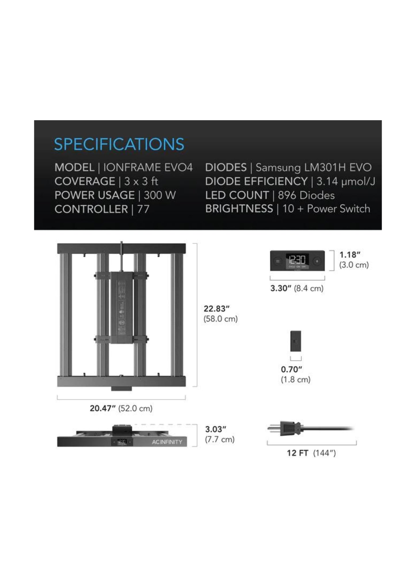 IONFRAME EVO4, Samsung LM301H EVO Commercial LED Grow Light, 300W, 3X3 FT