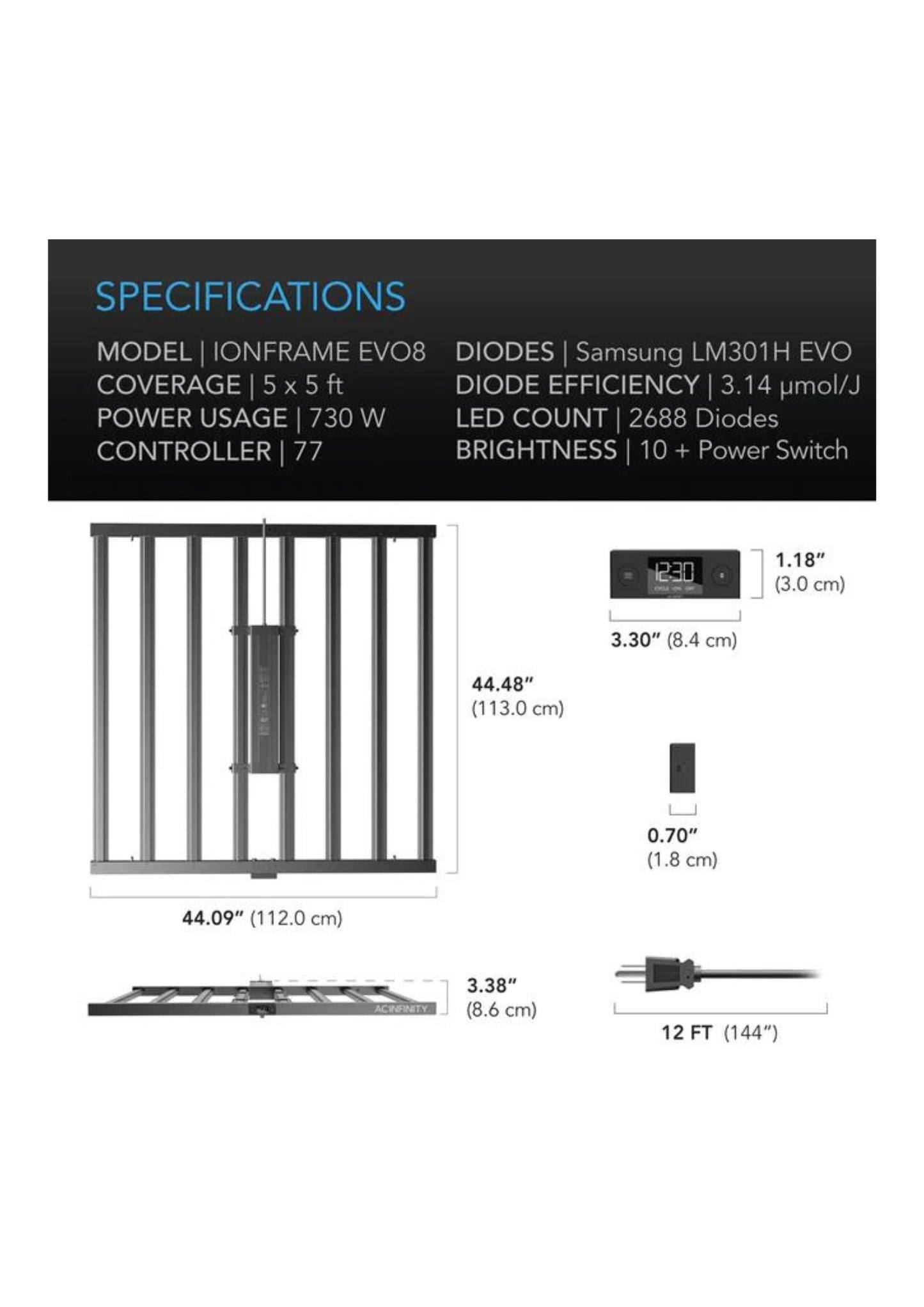 IONFRAME EVO8, Samsung LM301H EVO Commercial LED Grow Light, 730W, 5x5 FT