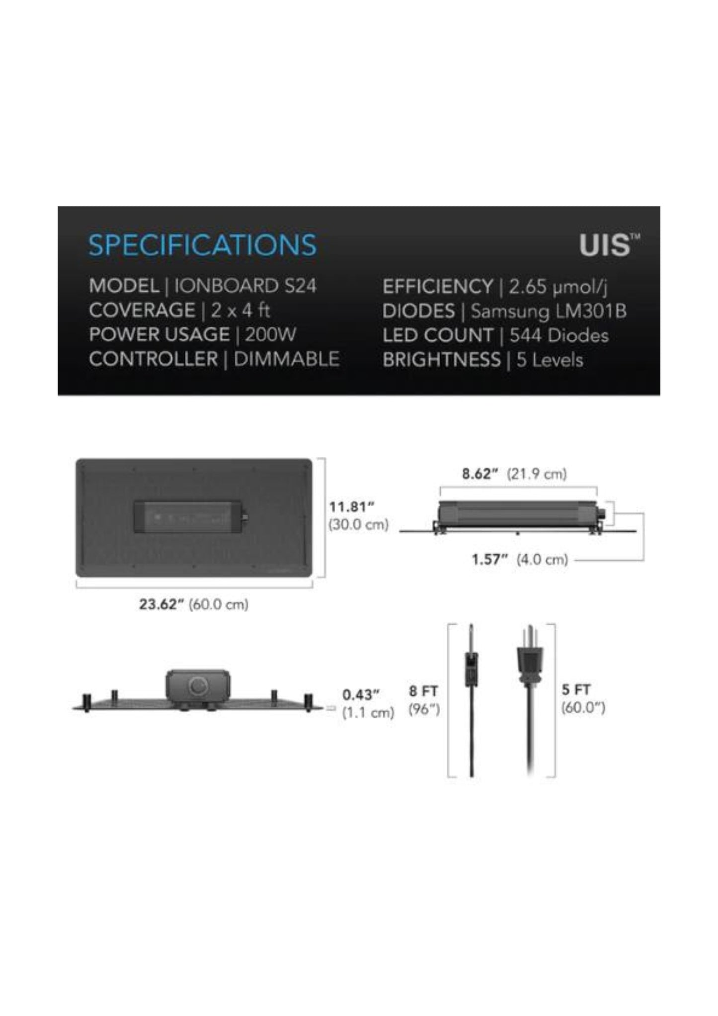 Ionboard S24 Vollspektrum-LED-Wachstumslicht 200 W, 60 cm x 120 cm