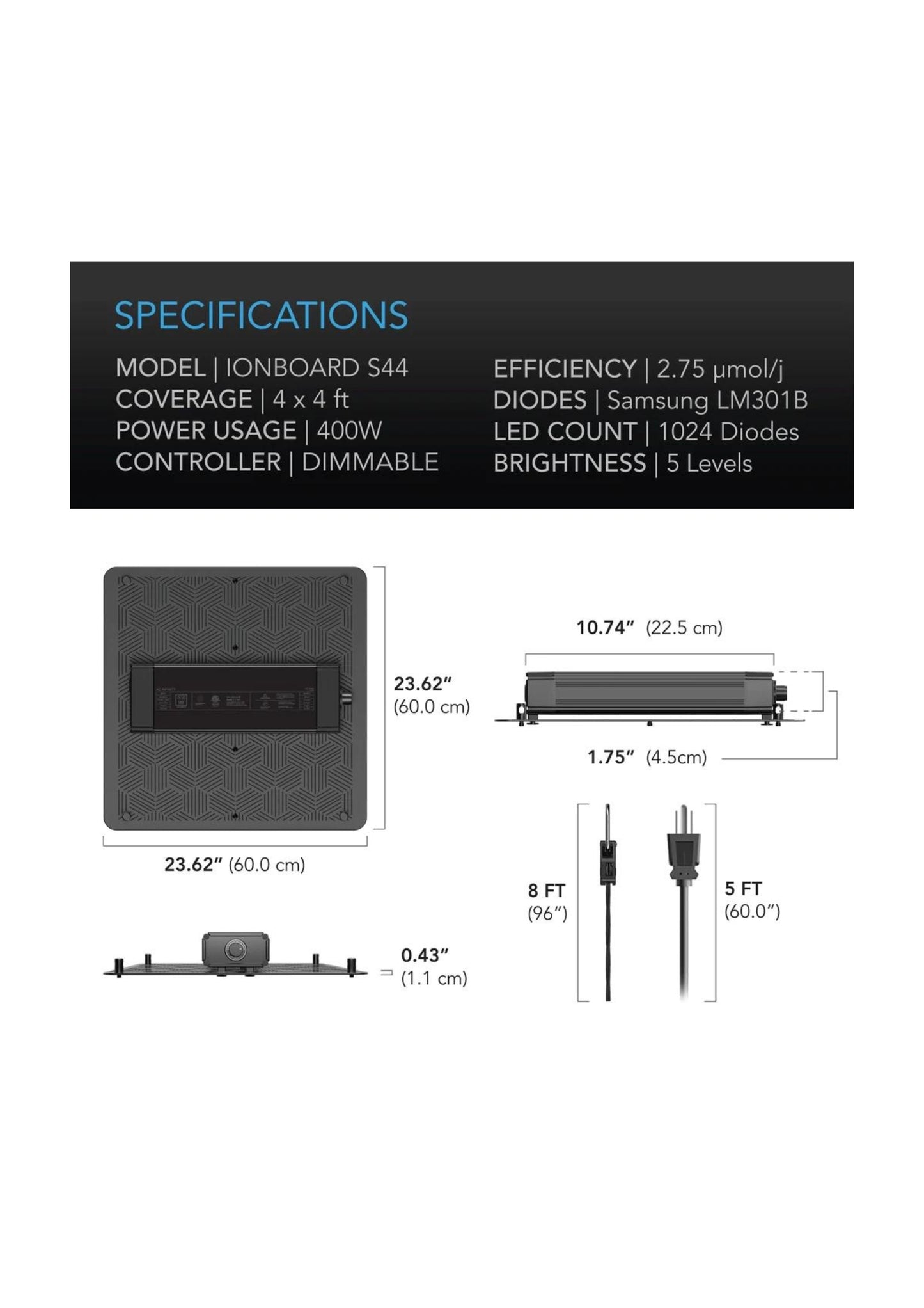 Ionboard S44 Vollspektrum-LED-Wachstumslicht 400 W, 120 cm x 120 cm